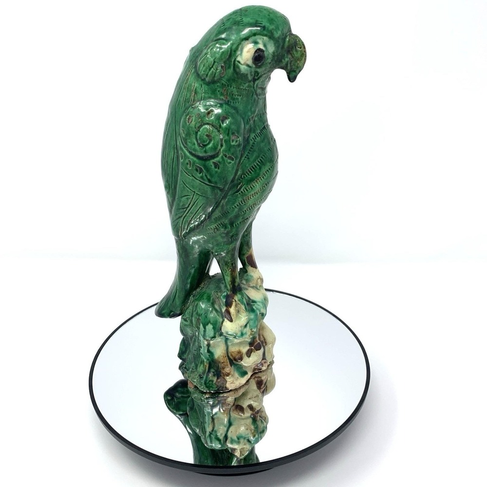 Antique 19th Century Chinese Glazed Pottery Dynasty Green Parrot 9.25" Sancai - Picture 3 of 10